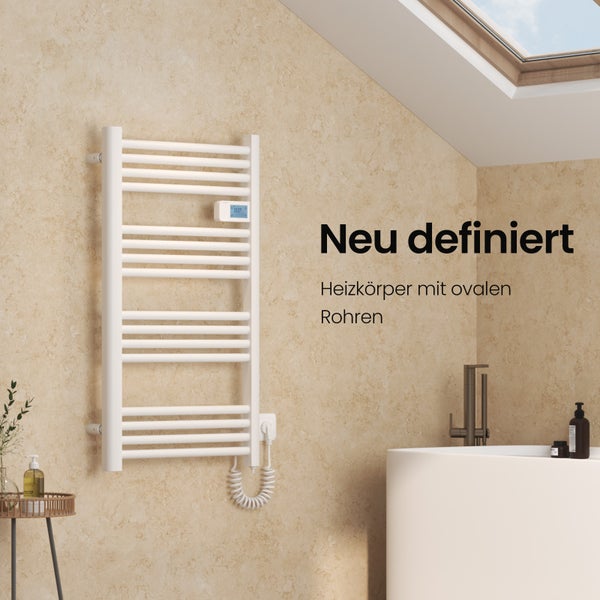 EMKE Elektrischer Handtuchheizkörper 960x540 mm, 500W Badheizkörper, LED-Digitalanzeige mit Thermostat, 7 Heizmodi, Timer, Infrarotsensor, Weiß, für Bad