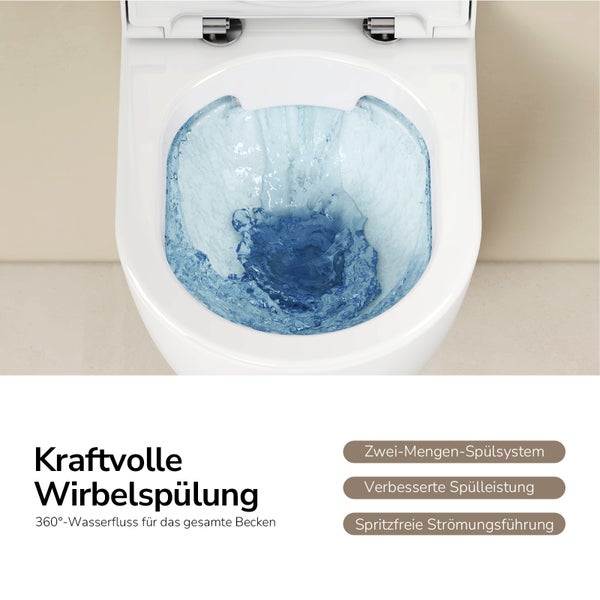 Toilette mit kraftvoller Wirbelspülung, 360 Grad Wasserfluss für das Becken, Zwei-Mengen-Spülsystem und spritzfreier Strömungsführung.