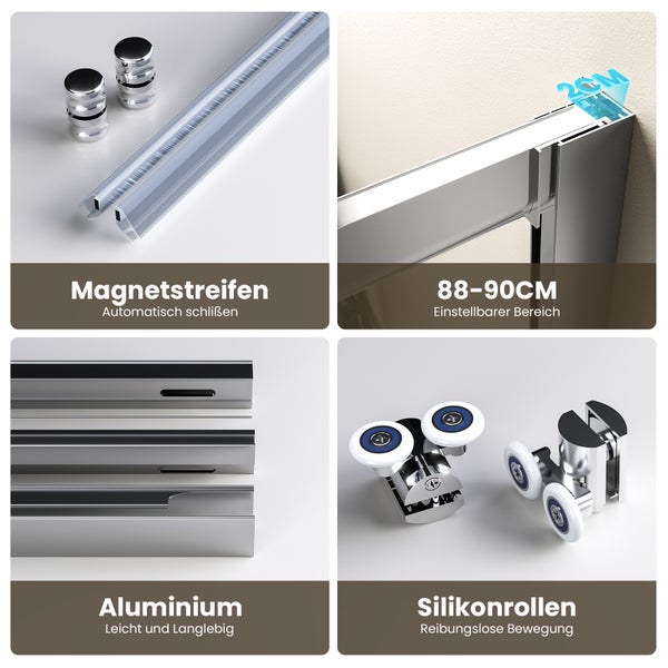 Details einer Duschkabine: Magnetstreifen, einstellbarer Bereich, Aluminiumprofil und Silikonrollen