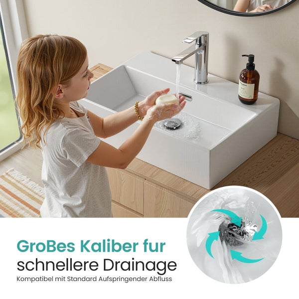 EMKE Aufsatzwaschbecken Keramik 415 x 360 mm, Glänzend Weiß, Mit Hahnloch – Eckiges Waschtisch für Aufsatz- & Wandmontage, für Badezimmer
