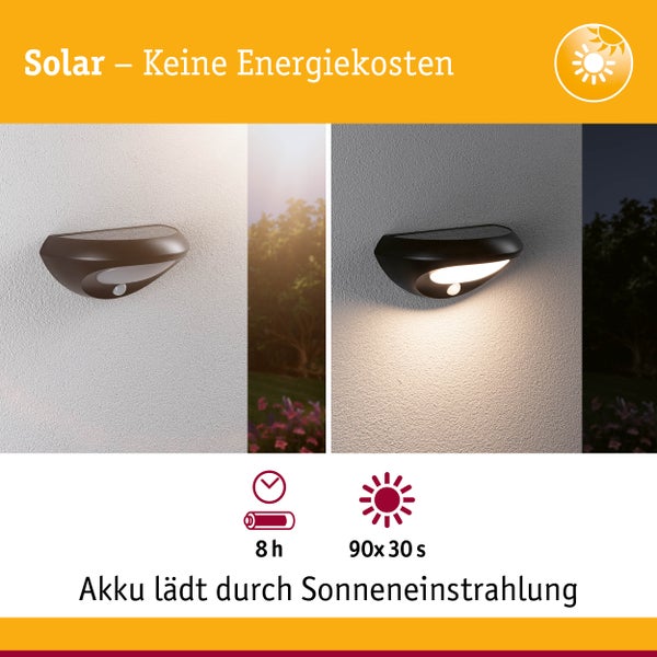 Solar LED Außenwandleuchte Sorova Dämmerungsgesteuerter Bewegungsmelder (IR) IP44 230x125mm 3000K 3,5W 220lm 3,7V Anthrazit Kunststoff