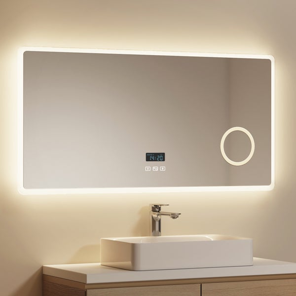EMKE Smart LED Badspiegel 100x60 cm, 3 Farbtemperaturen, dimmbar, Touch, Anti-Beschlag, 3x Vergrößerung, Bluetooth 3-Tasten, horizontal, IP44, für Bad
