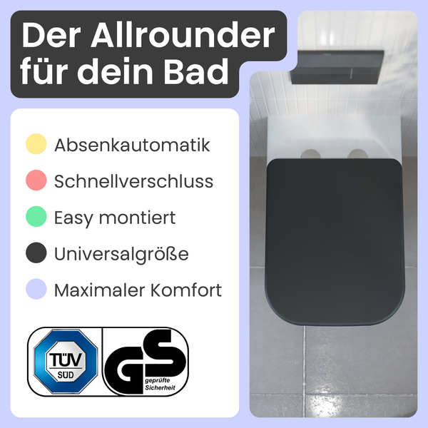 Toilettendeckel mit Absenkautomatik, Schnellverschluss, einfache Montage, Universalgrösse und maximalem Komfort, TÜV Süd Siegel, Geprüfte Sicherheit Siegel