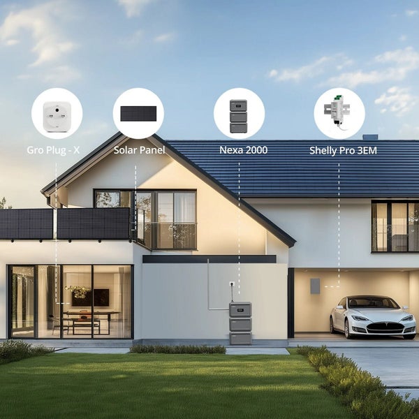 Modernes Wohnhaus mit Smart Home Komponenten wie Gro Plug - X Steckdose, Solarpanel am Balkon, Nexa 2000 Batteriespeicher und Shelly Pro 3EM.