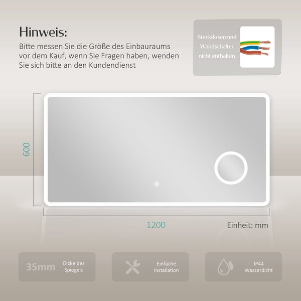 EMKE Badspiegel mit Beleuchtung 120 x 60 cm, Kaltweiß, LED-Spiegel mit Touchschalter, 3-fache Vergrößerung