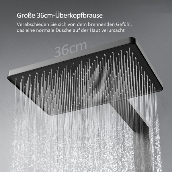 EMKE Duschsystem mit Thermostat, Duscharmatur Komplettset, 36 cm eckige Regendusche, 3 Wasserauslässe, Handbrause mit 3 Strahlarten, KTW-zertifiziert, 71 cm Ablagearmatur, 1,5 m Brauseschlauch, Matt Schwarz