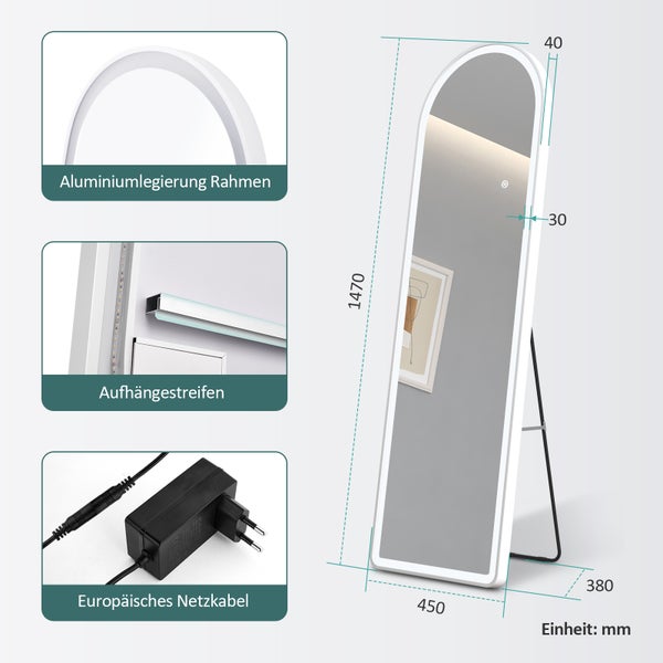 Maße des stehenden Spiegels mit Aluminiumlegierungsrahmen, Aufhängestreifen und europäischem Netzkabel.