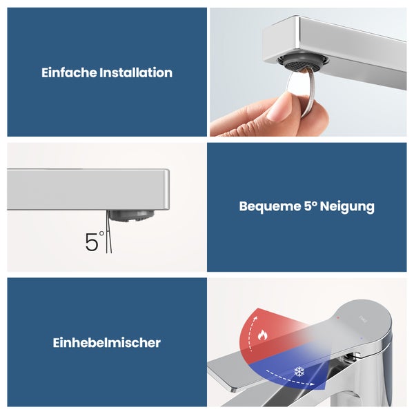 Emke Einhebel-Waschtischarmatur, Badarmaturen, Waschbecken Armatur - Schweizer Design, Minimalistisches Design，3/8 Zoll, Wassersparend, Korrosionsschutz, Warm- & Kaltwasser, Bleifreies Messing, Pflegeleicht -Chrom