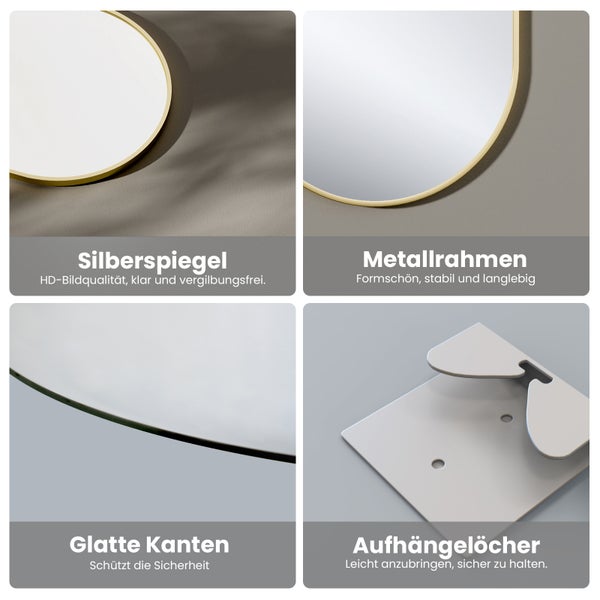 Detailansichten eines runden Wandspiegels mit Metallrahmen, glatten Kanten und Aufhängesystem für die Wandmontage.