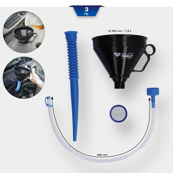 Brilliant Tools Trichter Set, 3-teilig, mit flexiblem Auslaufrohr, Durchmesser 160 mm, 1,2 Liter Fassungsvermögen