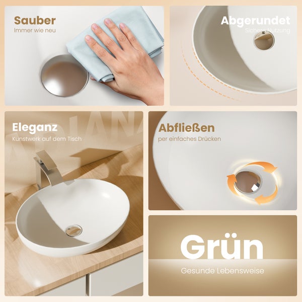 Collage eines ovalen Aufsatzwaschbeckens aus Keramik mit Details zur Reinigung, abgerundeten Kanten, modernem Design und Pop-up-Ablaufventil.