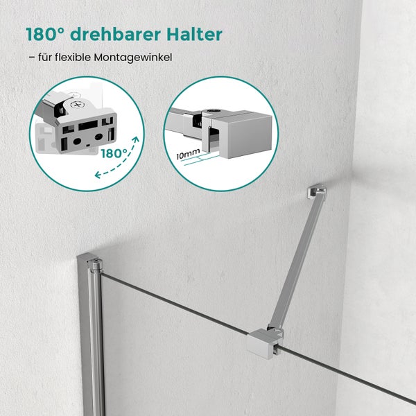 Stabilisierungsstange für Duschwände mit 180 Grad drehbarem Halter für flexible Montagewinkel, geeignet für 10 Millimeter Glasstärke.