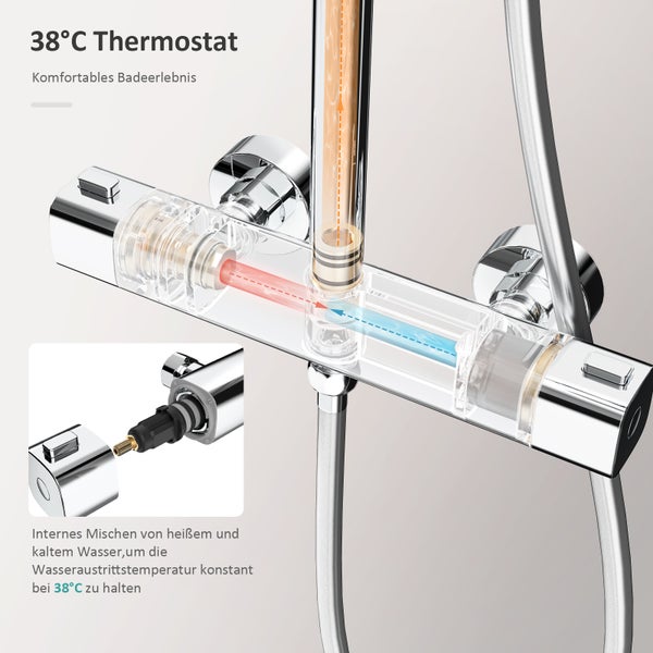 EMKE Thermostat-Duschsystem mit Brausegarnitur, Umsteller, Regendusche Ø 30 cm, Handbrause mit 3 Strahlarten, verchromt