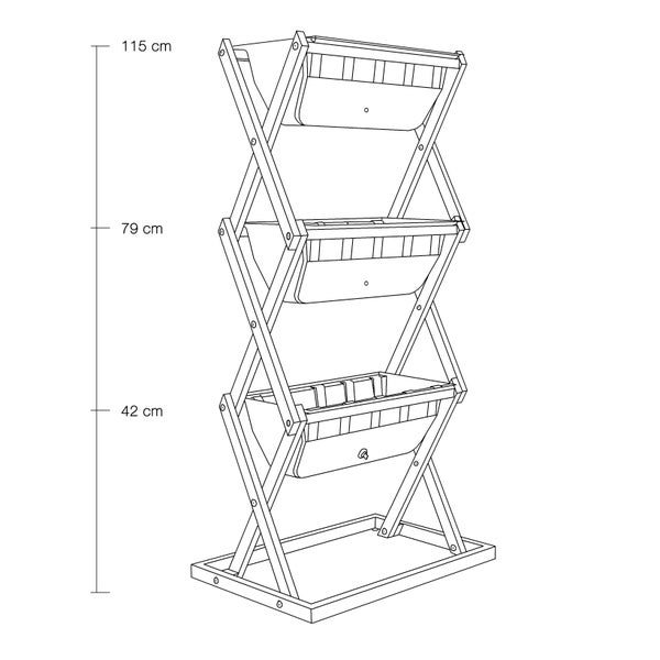 Skizze eines vertikalen Pflanzregals mit drei Ebenen und Höhenangaben von 42 Zentimeter, 79 Zentimeter und 115 Zentimeter.