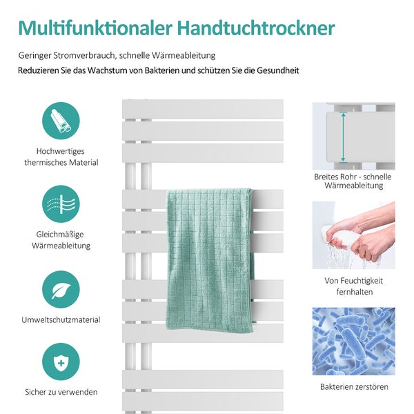 EMKE Badheizkörper Flach 1320x500 mm Weiß, Handtuchwärmer für Badezimmer Handtuchtrockner, Panel Handtuchhalter Seitenanschluss für Wasser 661W-thumb-1