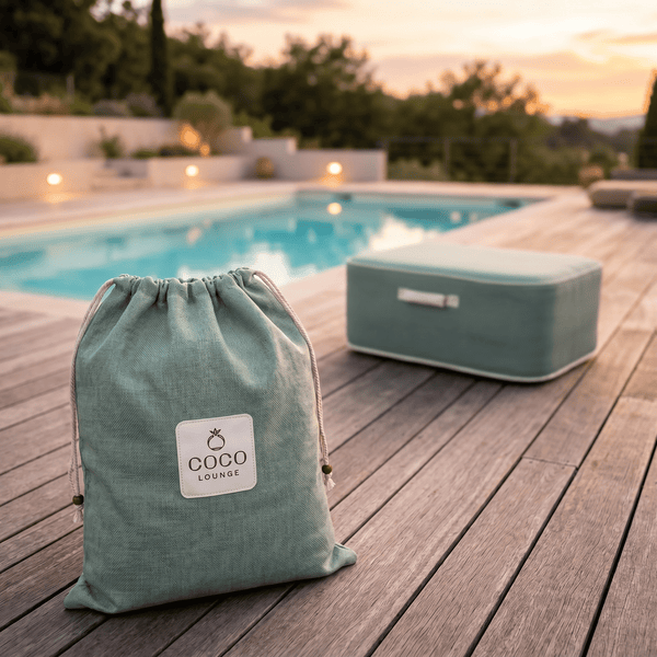 Coco Lounge Aufbewahrungstasche aus Textil und gepolstertes Outdoor-Sitzkissen auf einer Holzterrasse in einem modernen Poolbereich.