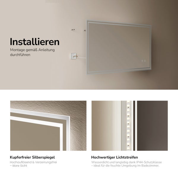 Montage eines LED Wandspiegels mit IP44 Schutzklasse fuer das Badezimmer inklusive Details zum kupferfreien Silberspiegel und LED Lichtstreifen.