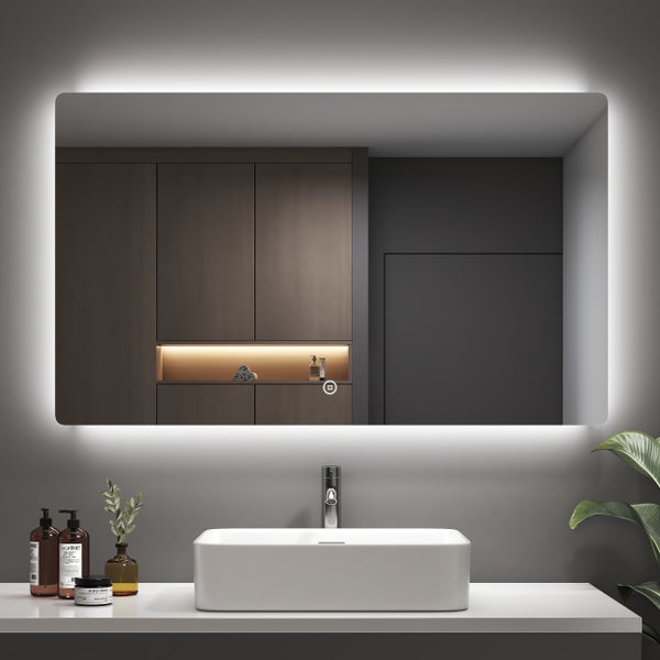 EMKE Badspiegel mit Beleuchtung 100 x 60 cm, Kaltweiß, Rückbeleuchtung, dimmbare Helligkeit, Touch-Schalter, horizontal/vertikal montierbar, IP44, für Bad