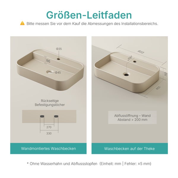 EMKE Waschbecken 60x40 cm, Keramik Matt-Beige, Wand- oder Aufsatzmontage, Mit Hahnloch, R-Kantenschutz, für Badezimmer