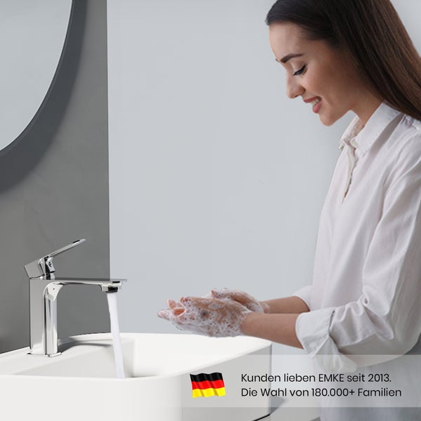 EMKE Badezimmerarmatur, Waschtischmischer, Haushaltswasserhahn, Waschtischarmatur für Aufsatzwaschbecken, Kurz Waschtischarmatur Messing Mischbatterie, Chrom, L166 x H 152mm