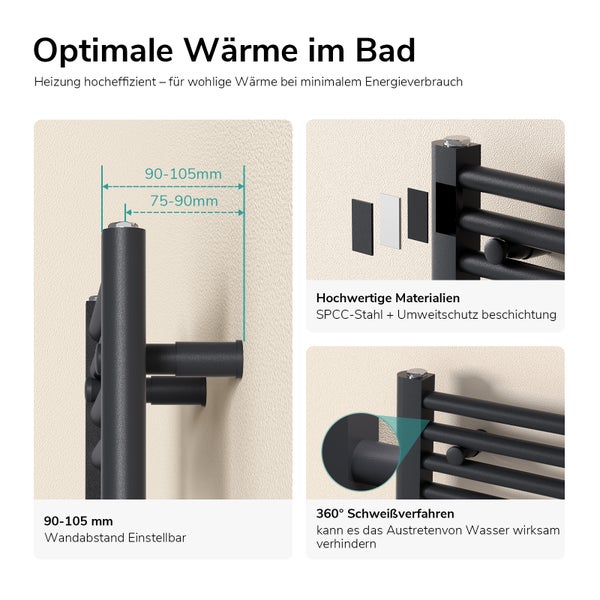 Produktdetails eines schwarzen Badheizkörpers mit Informationen zu Wandabstand, Materialien und Schweißverfahren