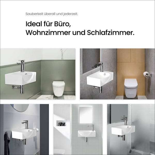EMKE Wandwaschbecken 40,5x28 cm Hängewaschbecken Eckig Keramik Weiß Hahnloch rechts Wannenförmig erhöht