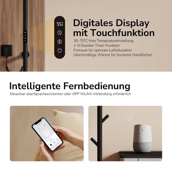 Infografik für elektrischen Handtuchhalter mit digitalem Touch Display Timer Steuerung per App und Sprachassistent sowie WLAN Anbindung