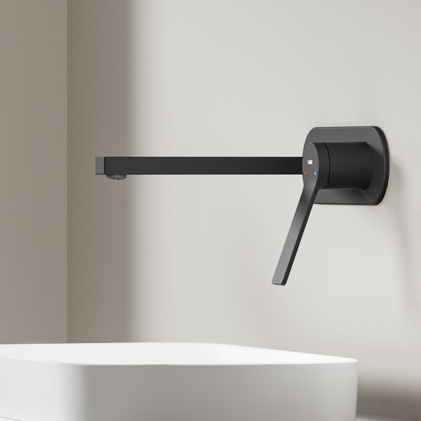 EMKE Wasserhahn Bad Unterputz, Waschtischarmatur Unterputz aus Kupfer, 2-Loch Wandarmatur, Schwarz, 288×210×70 mm, für Badezimmer Waschbecken geeignet