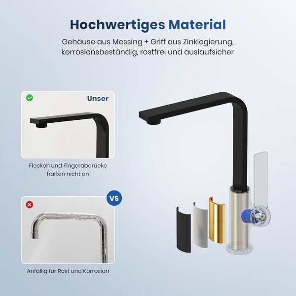 EMKE Küchenarmatur Schwarz Matt – Ultraflaches Design, 360° Schwenkbar, Edelstahl Einhebelmischer für Moderne Küchen, 30x22x10 cm, 3/8’’ Anschluss