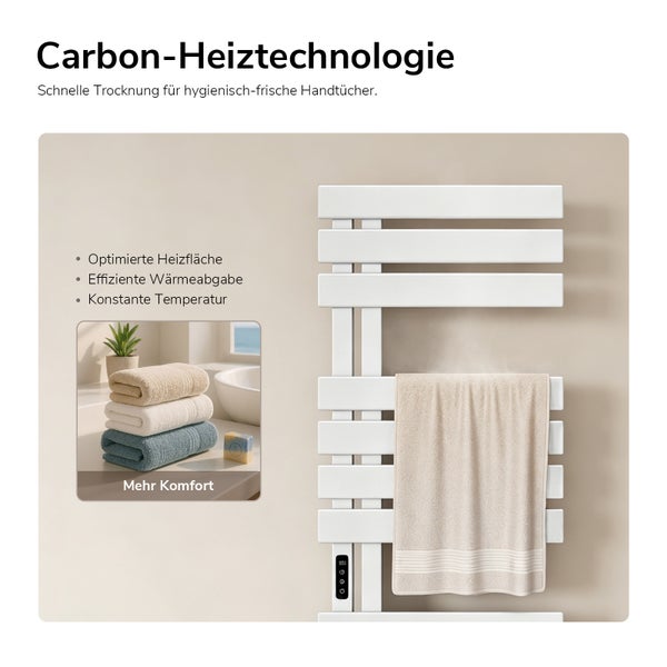 Moderner Handtuchheizkörper mit Carbon-Heiztechnologie, digitaler Steuerung und aufgehängtem Handtuch für effiziente Trocknung und mehr Komfort.