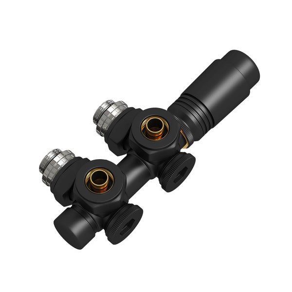 Schwarzer Ventilblock für Heizkörper mit mehreren Anschlüssen und Messing-Innenteilen.