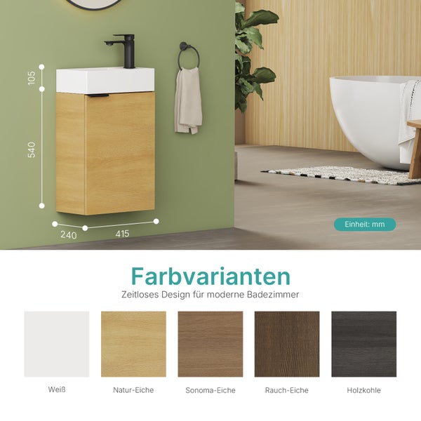 EMKE Waschtisch-Set 41,7 × 24 × 64,6 cm (B×T×H), mit Soft-Close-Funktion, Ablageboden, reversibel, Eiche, für Badezimmer