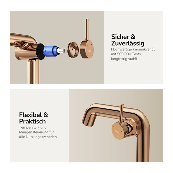 Abbildung einer Armatur, die die flexible Temperatur- und Mengenregulierung für alle Nutzungsszenarien zeigt, sowie ein hochwertiges Keramikventil mit 500.000 Tests für langfristige Stabilität.
