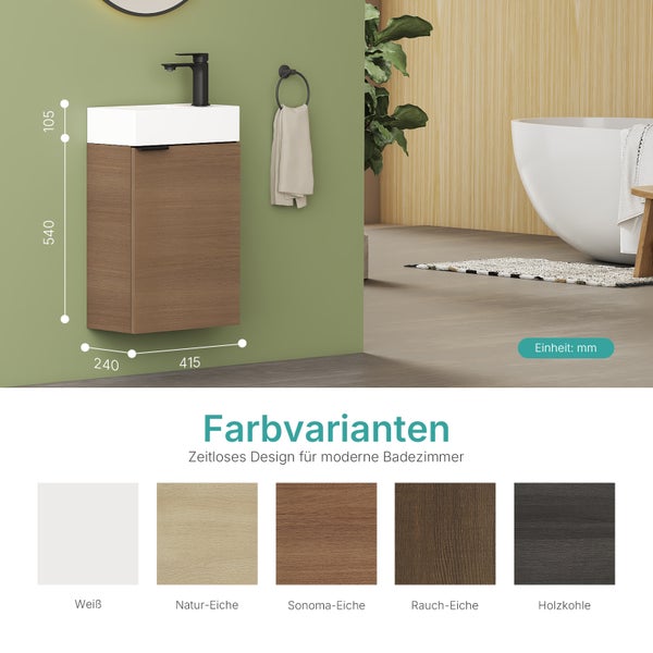 Waschtisch mit Waschbecken, Armatur und Handtuchhalter im Badezimmer mit Maßangaben