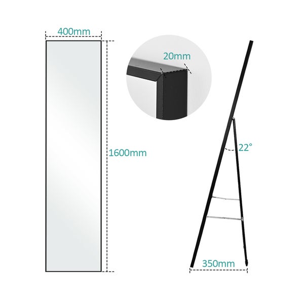 EMKE Standspiegel mit Rahmen aus Aluminiumlegierung, 160x40cm HD Groß Ganzkörperspiegel mit Haken, Rechteckiger Hochspiegel für Wohnzimmer oder Ankleidezimmer Schwarz