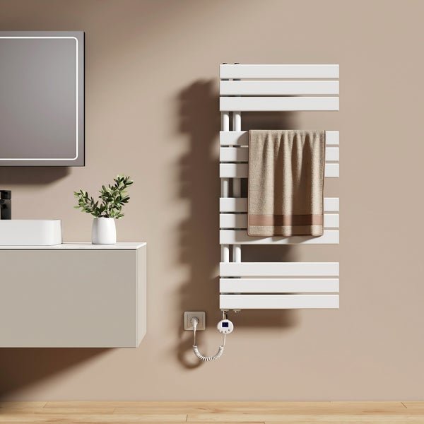 EMKE Elektrischer Handtuchheizkörper 104x50 cm mit Thermostat & Timer, 600 W, Design-Paneelheizkörper, Vertikal, Flachheizkörper, seitlich offen, Weiß, für Badezimmer