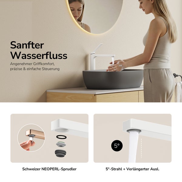 Waschbecken mit Armatur und Wasserstrahl, Schweizer Neoperl-Luftsprudler, Fünf-Grad-Strahl, verlängerter Auslauf