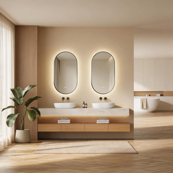 Modernes Badezimmer mit Doppelwaschtisch, zwei ovalen beleuchteten Spiegeln und Holzunterschrank in heller, organisierter Umgebung.