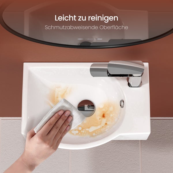 EMKE Handwaschbecken 405 x 280 mm, asymmetrisch, Keramik, mit Hahnloch rechts, glänzend weiß, kompaktes Hängewaschbecken für Gäste-WC, Höhe 140 mm, zur Wandmontage
