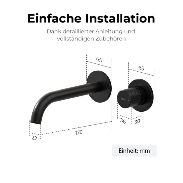 Wandarmatur in Schwarz matt mit Maßangaben in Millimetern. Auslauflänge einhundertsiebzig Millimeter und Rosettendurchmesser fünfundsechzig Millimeter.