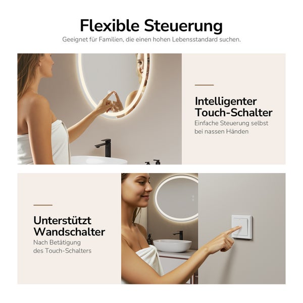 Badezimmerspiegel mit LED Beleuchtung und Touchschalter sowie Unterstützung für Wandwandschalter zur bequemen Lichtsteuerung im Badezimmer.
