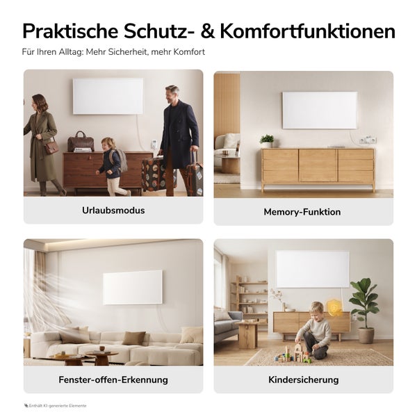 Übersicht der Heizungsfunktionen: Urlaubsmodus, Memory Funktion, Fenster offen Erkennung und Kindersicherung für mehr Komfort und Sicherheit.