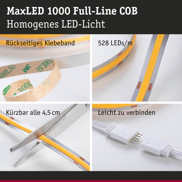MaxLED 1000 Full-Line COB LED-Lichtband mit rückseitigem Klebeband, teilbar alle 4,5 Zentimeter, 528 LEDs pro Meter und leicht zu verbinden