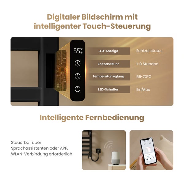 Digitaler Bildschirm mit intelligenter Touch-Steuerung eines Handtuchwärmers, steuerbar über Sprachassistenten oder App
