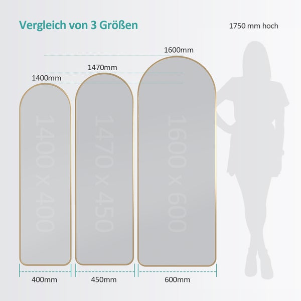 EMKE Bogen Standspiegel Ganzkörperspiegel mit Rahmen aus Aluminiumlegierung für Wohn-,Schlaf-, Aufenthalt und Ankleidezimmer, Gold, 147x45cm