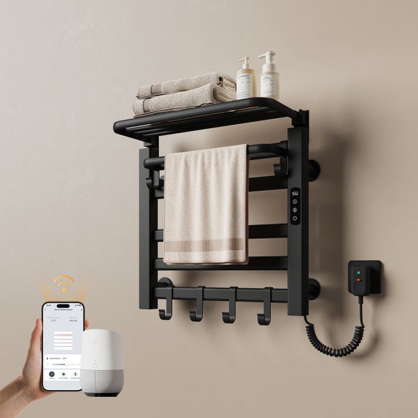 Smarter, beheizbarer Handtuchhalter mit Handtüchern, Shampoo und Smartphone-App