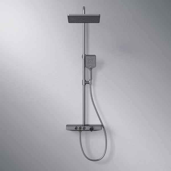 EMKE Duschsystem mit Thermostat, Regendusche & Handbrause mit 3 Strahlarten, Glasablage, Verbrühungsschutz, KTW-zertifiziert, Wandmontage, Anthrazit Matt