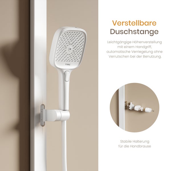 EMKE Duschsystem mit Thermostat, LED-Temperaturanzeige, Regendusche 36 x 24 cm, 4 Strahlarten, höhenverstellbare Brausestange, Weiß Matt