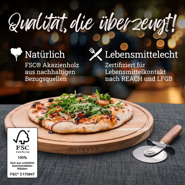 LIKAYA® Pizzabrett/Pizzateller 2er-Set rund ⌀35cm – FSC-Akazienholz mit Pizzaschneider | Perfekt für Pizza, Kuchen, Brotzeit & Käseplatte