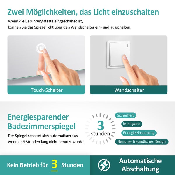 EMKE Badspiegel mit Beleuchtung LED-Spiegel mit Touchschalter,  rund, 3 dimmbare Lichtfarben, ф50cm